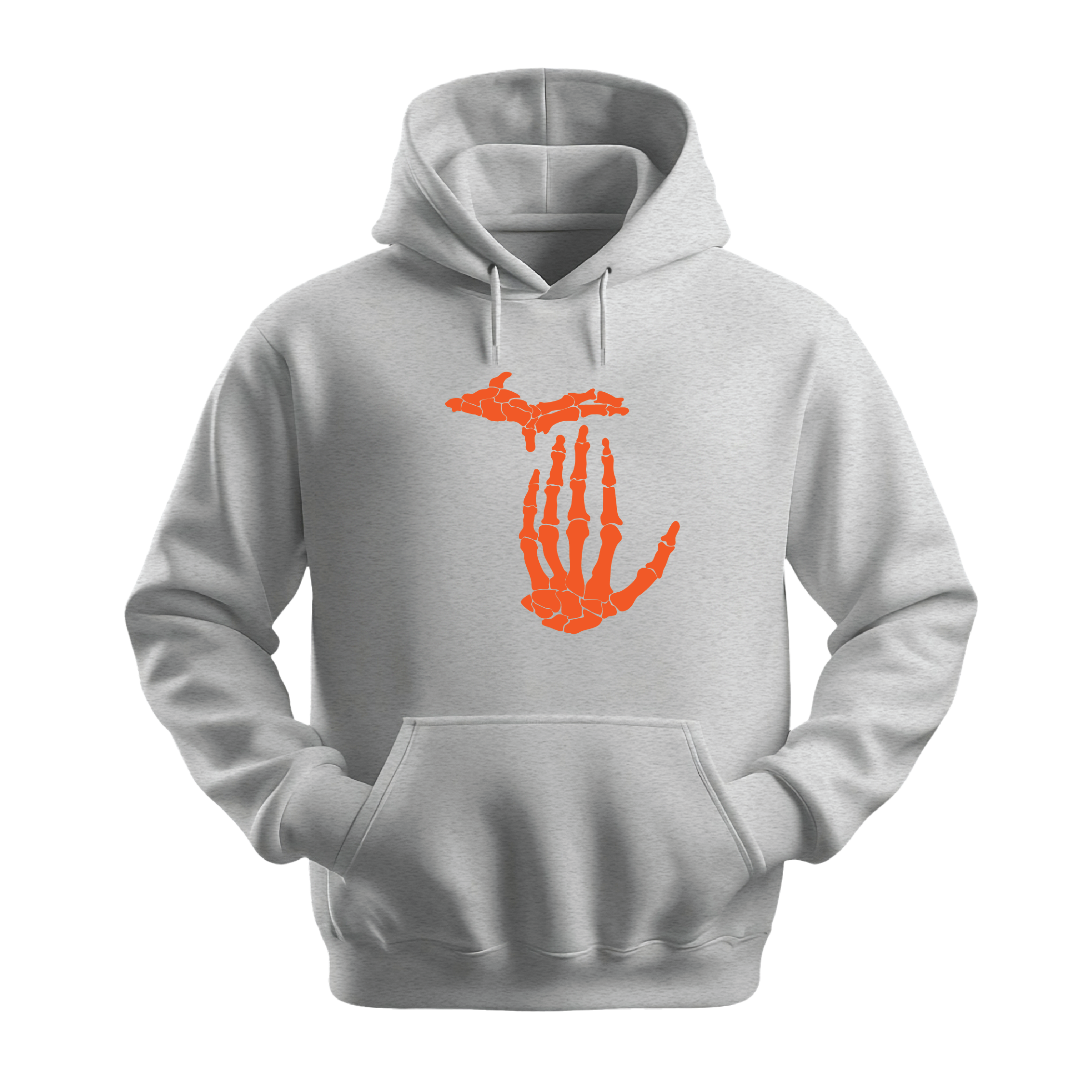 Spooky Michigan Skeleton Hoodie- Grey with Orange Design